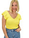 Potre Damen Sommerliche Bluse Kurzärmelig mit V-Ausschnitt Gelb