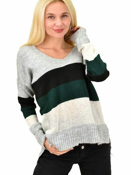 Potre Women's Long Sleeve Sweater Woolen with V Neckline Striped White