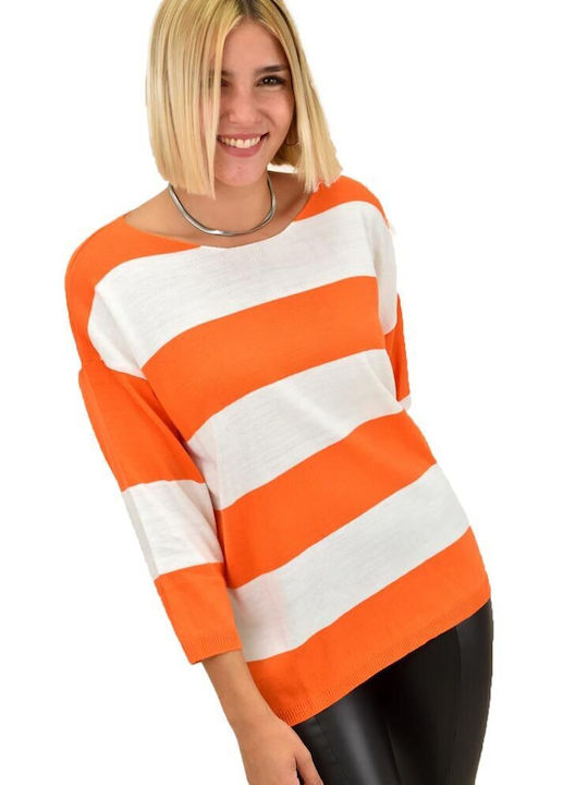 Potre Damen Langarm Pullover mit V-Ausschnitt Gestreift Orange