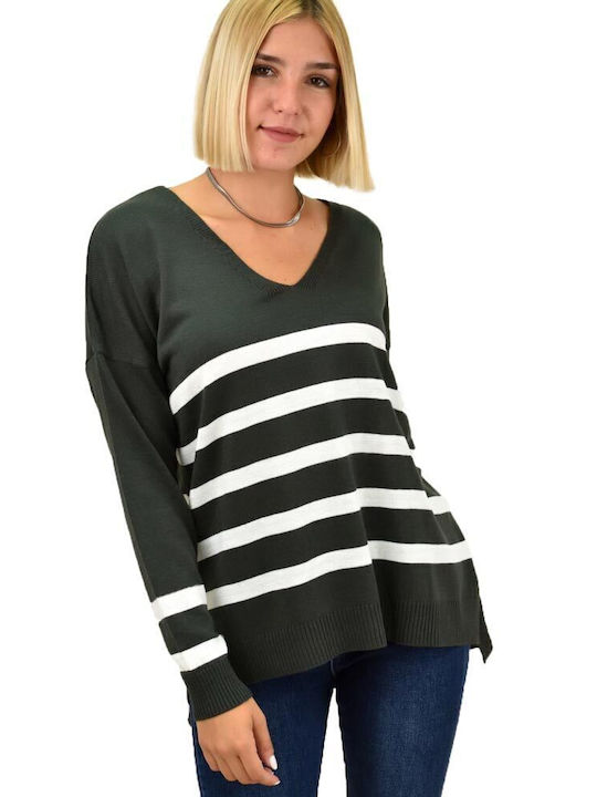 Potre Women's Blouse Long Sleeve with V Neckline Striped Gray