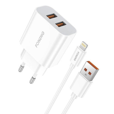 Foneng Φορτιστής με 2 Θύρες USB-A και Καλώδιο Lightning Λευκός (EU45)