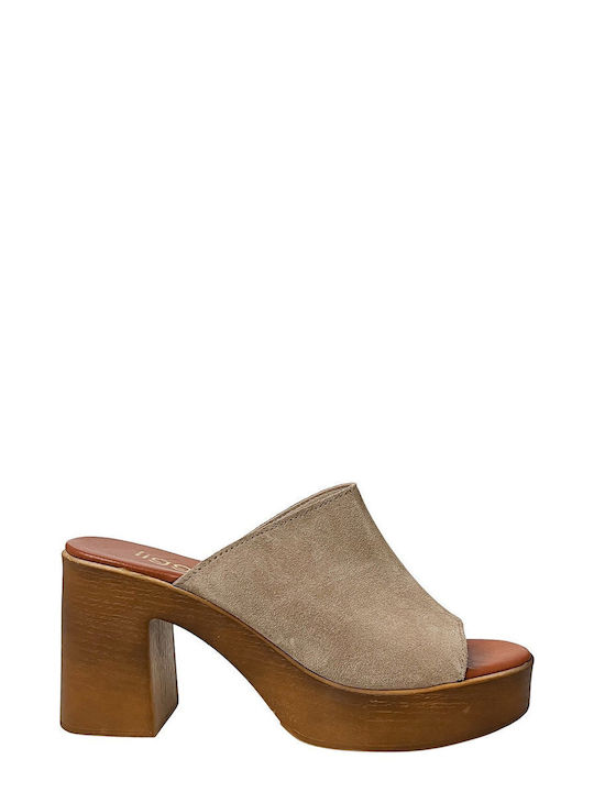 Ligglo Leder Mules mit Chunky Hoch Absatz in Beige Farbe