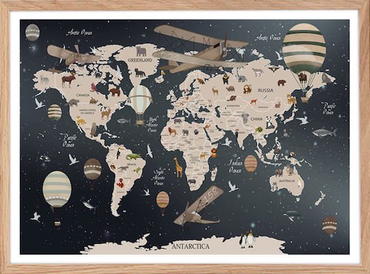 Walls Kids Wall Art Map Balloons with Black Frame Wooden 100x70cm