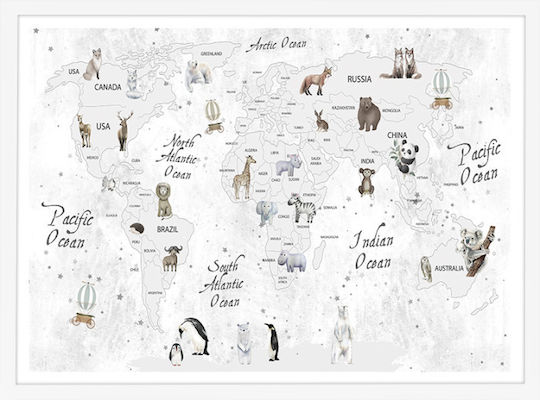 Walls Kids Wall Art Gray Map Animals with White Frame from Wood 20x15cm