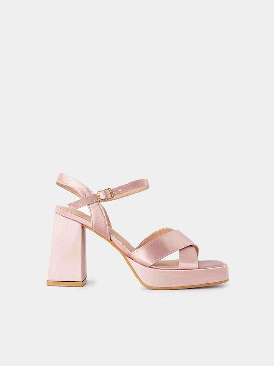 Louizidis Fabric Women's Sandals Pink with Chunky High Heel