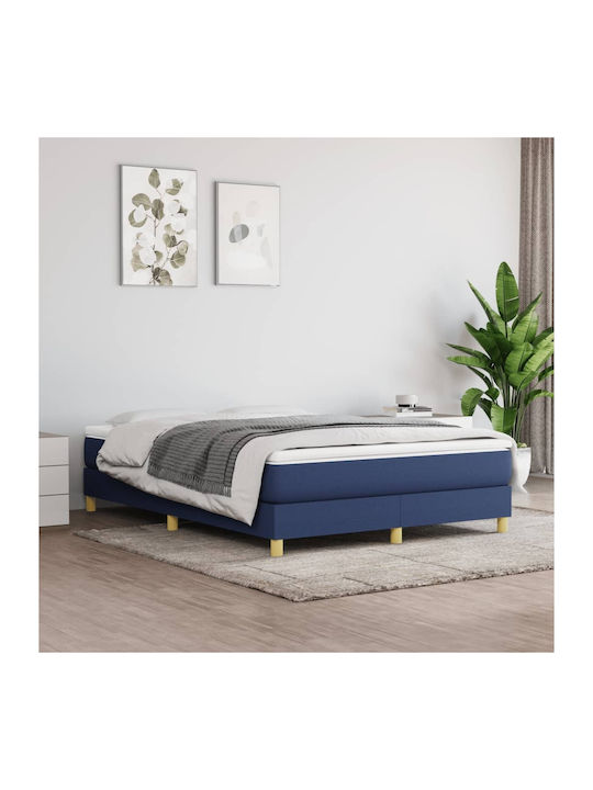 Κρεβάτι Διπλό Επενδυμένο με Ύφασμα Μπλε / Φυσικό με Στρώμα & Τάβλες 140x190cm