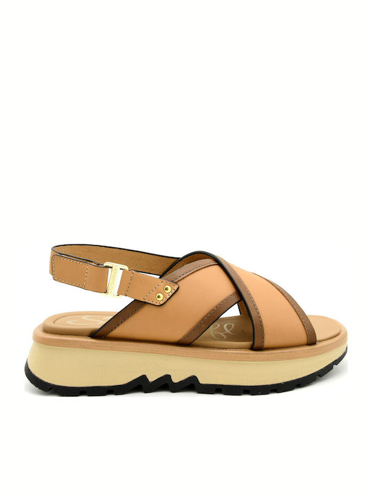 Leder Flache Sandalen für Damen Flatforms in Braun Farbe