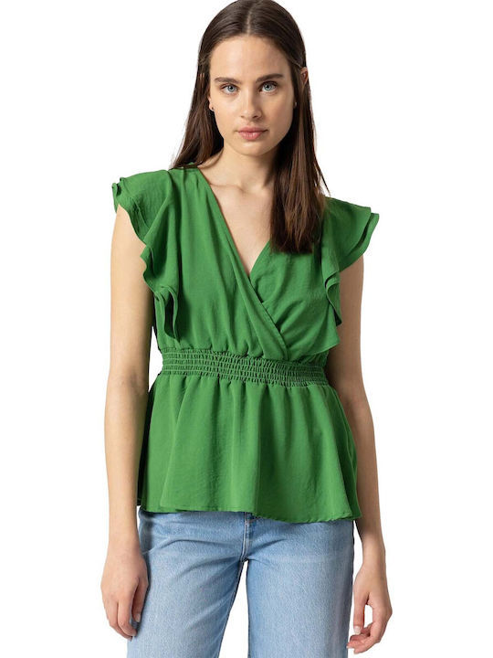 Tiffosi Damen Sommer Bluse Ärmellos mit V-Ausschnitt Grün