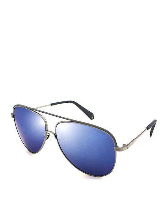 Polaroid Men's Sunglasses with Silver Metal Frame and Blue Polarized Mirror Lens PLD2054/S 6LB/62
