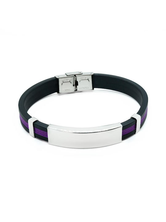 Men's Rubber Bracelet in Black and Purple color and Silver Plate made of Steel