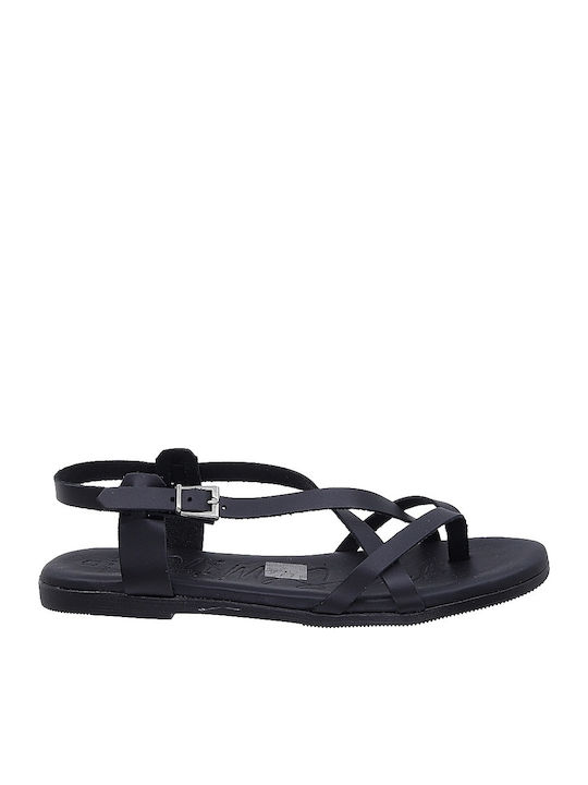 Leather Women's Flat Sandals in Black Color