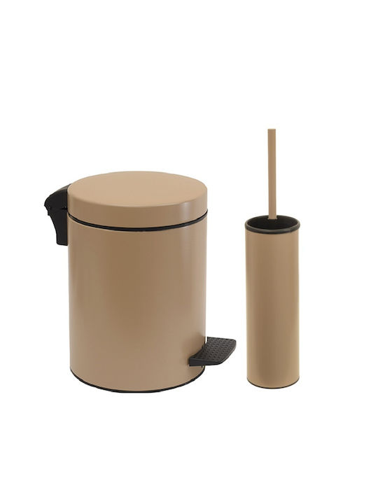 Pam & Co Plastic Toilet Brush and Bin Set with Soft Close Lid 5lt Beige