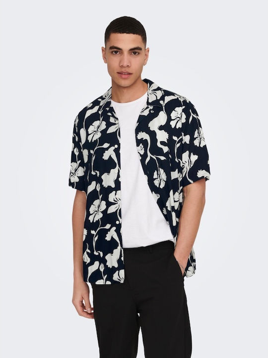 Short-sleeved Cotton Shirt Floral Navy Blue