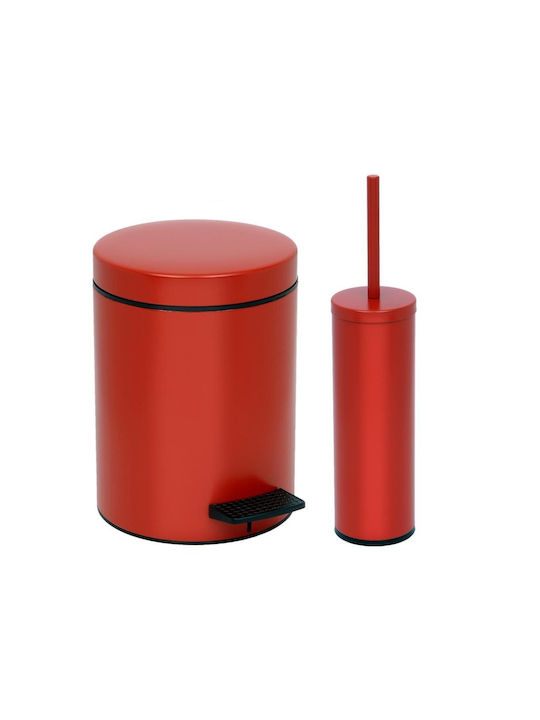 Pam & Co Metalic Set coș de gunoi și perie pentru baie Închidere lentă 3lt Roșu