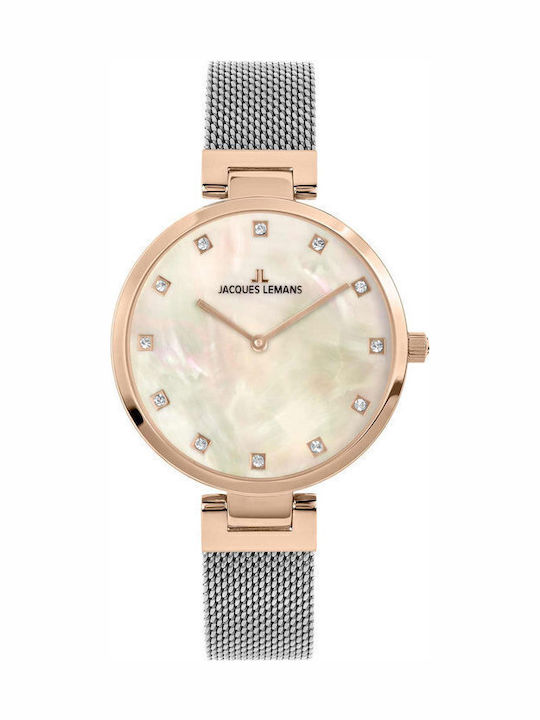 Jacques Lemans Milano Crystals Γυναικείο Ρολόι 36mm Μπαταρίας με Ασημί Μεταλλικό Μπρασελέ