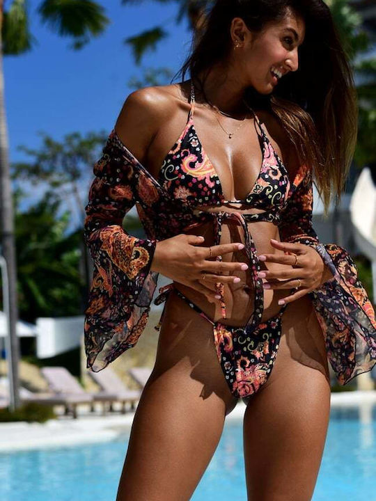 Set Bikini 3 Pieces Triangle with Removable Padding Brazil Floral Orange