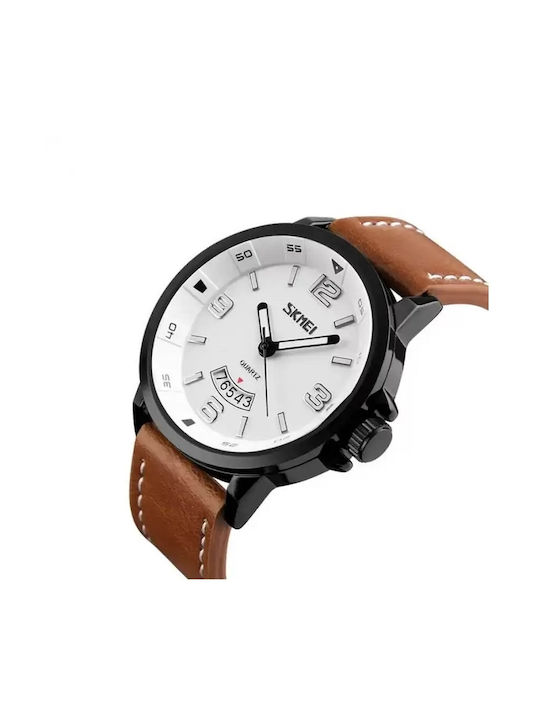 Skmei Watch Battery with Leather Strap Brown/White