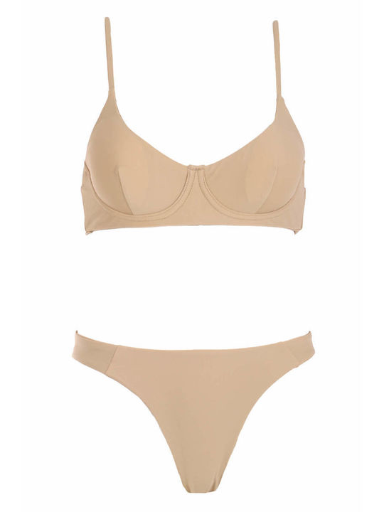 Luigi Padded Underwire Bikini Set Bra & Brazil Bottom with Adjustable Straps Beige