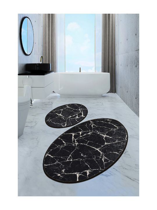 Bath Mats Set Oval Black 2pcs