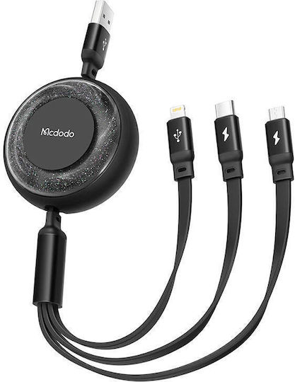 Mcdodo Flach / Ausziehbar USB zu Typ-C,TC-TC / Blitzschlag / Micro-USB Kabel 3A Schwarz 1.2m (CA-3570)
