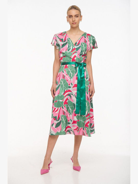 Fibes Summer Midi Dress Satin Wrap with Ruffle Green