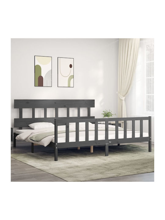 Κρεβάτι King Size από Μασίφ Ξύλο Γκρι με Τάβλες για Στρώμα 200x200cm