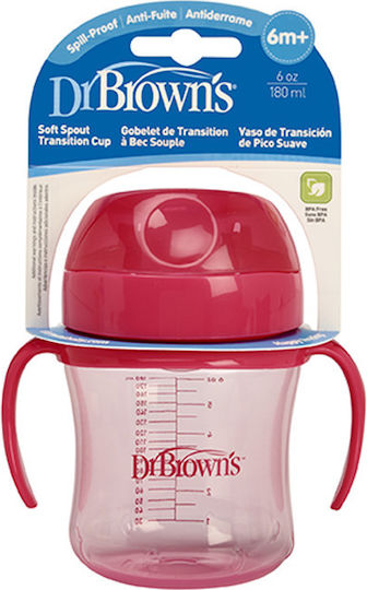 Dr. Brown's Εκπαιδευτικό Μπιμπερό Πλαστικό με Λαβές Κόκκινο για 6m+ 180ml