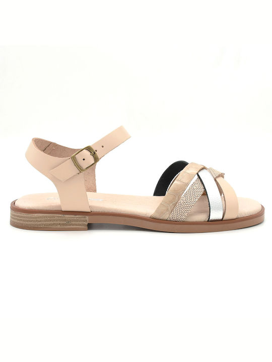 Aero by Kasta Leather Women's Sandals with Ankle Strap Beige