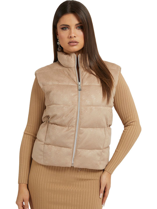 Kurz Damen Ärmellos Puffer Jacke Beige.