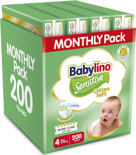 Babylino Tape Diapers Sensitive Cotton Soft Monthly Pack No. 4 for 8-13kg 200pcs