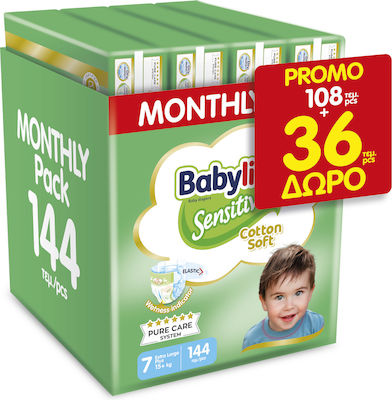 Babylino Scutece cu bandă adezivă Sensitive Cotton Soft Sensitive Nr. 7 pentru 15+ kgkg 144buc