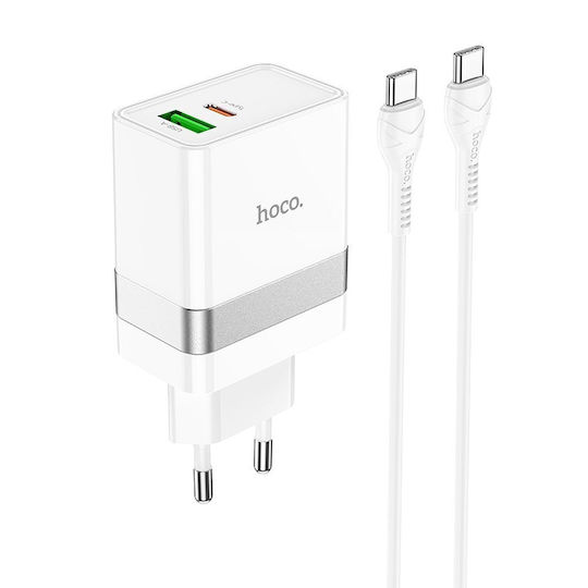 Hoco Charger with USB-A Port and USB-C Port and Cable USB-C - USB-C 30W Quick Charge 3.0 / Power Delivery Whites (N21)
