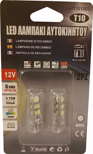 Sabrina Λάμπες Αυτοκινήτου T10 Canbus LED 6000K Ψυχρό Λευκό 10-30V 2τμχ