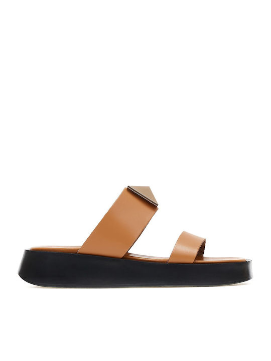 Leather Women's Flat Sandals Flatforms Caramel