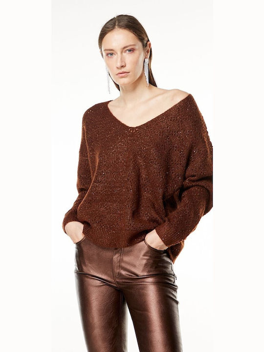 BSB Women's Long Sleeve Sweater with V Neckline Brown