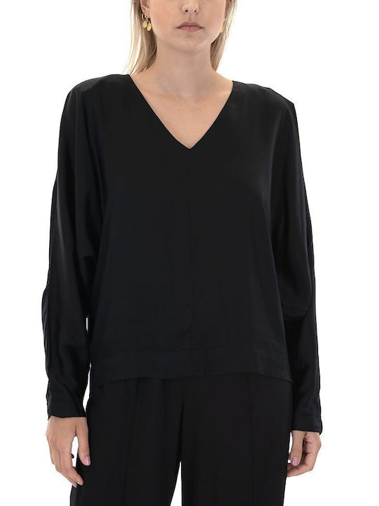 MY T Damen Sommer Bluse Langärmelig mit V-Ausschnitt Schwarz