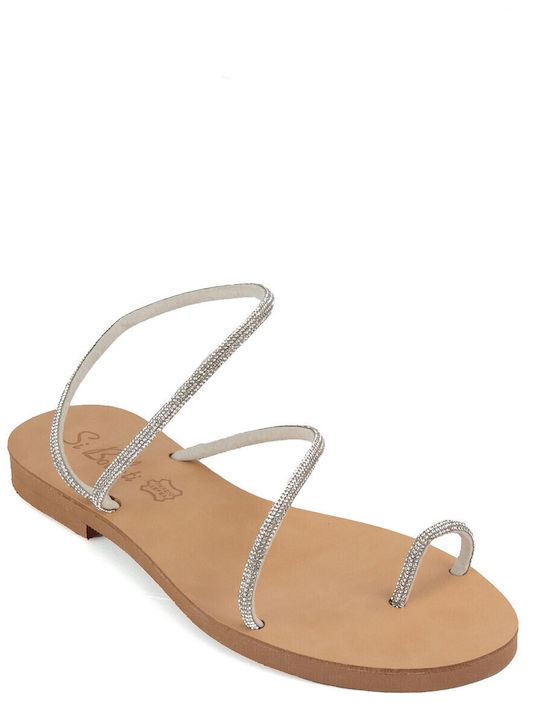 Leather Women's Flat Sandals in Silver Color