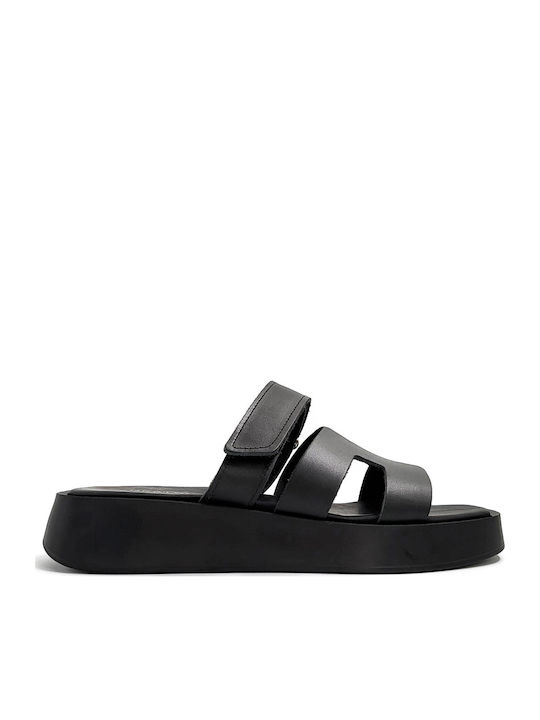 Leather Women's Flat Sandals Flatforms in Black Color
