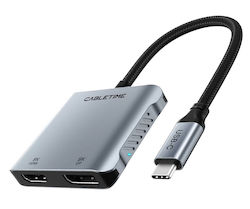 Cabletime USB-C Stație de andocare cu HDMI/DisplayPort 4K PD și conexiune 2 monitoare Gri (CT-CMDH8K-AG)