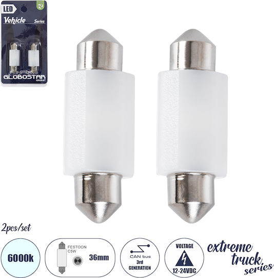 GloboStar Lamps Car C5W Canbus LED 6000K Cold White 12V 2pcs