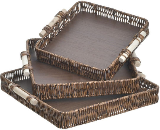 Inart Wooden Rectangular Serving Tray with Handles in Brown Color 37x37x5cm 3-70-151-0678 3pcs