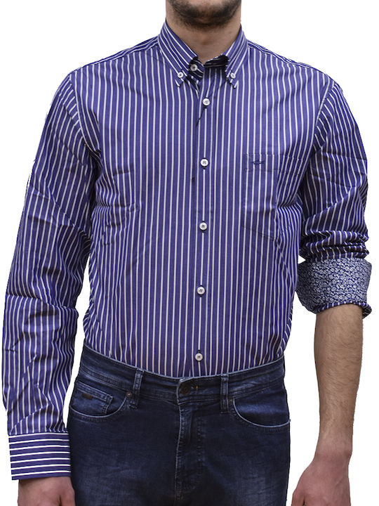 Long-sleeved Cotton Shirt Striped Navy Blue