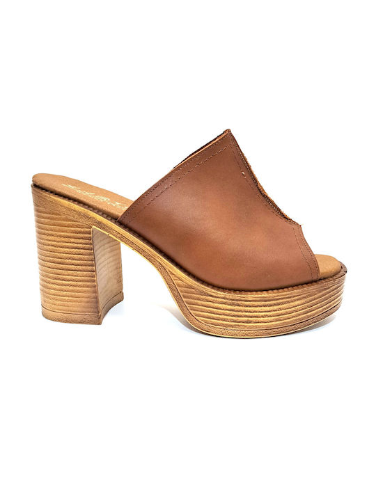 Pegabo Chunky Heel Leather Mules Tabac Brown