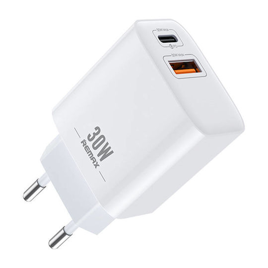 Remax Ladegerät ohne Kabel mit USB-A Anschluss und USB-C Anschluss 30W Stromlieferung Weißs (RP-U82)