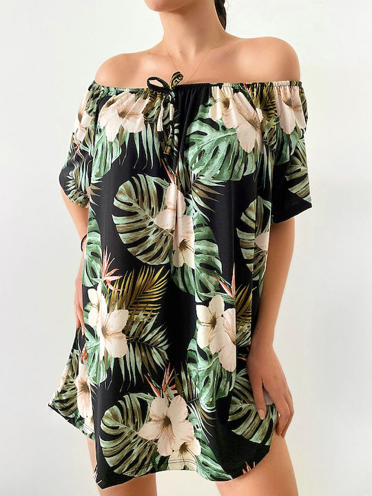 DOT Women's Summer Blouse Off-Shoulder Short Sleeve Floral Black