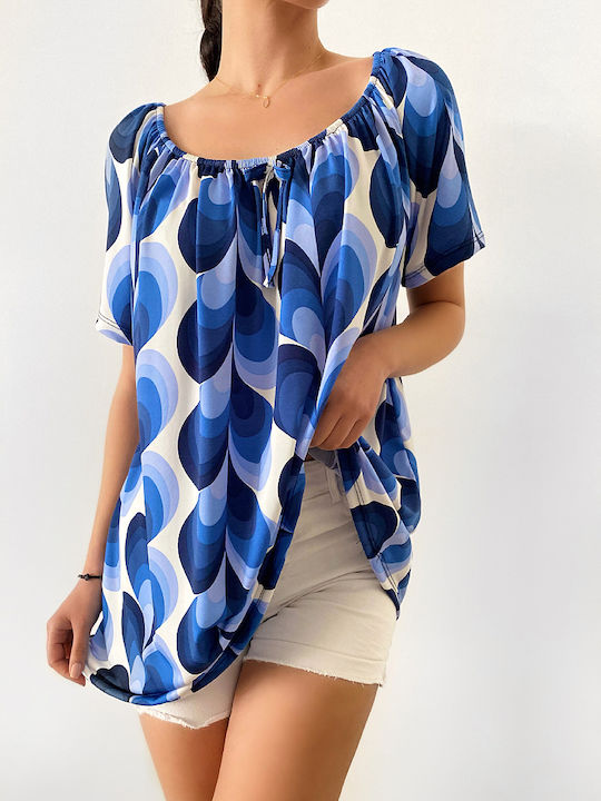 DOT Damen Sommer Bluse Kurzärmelig Blau