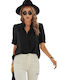 Amely Women's Summer Blouse Short Sleeve with V Neckline Floral Black