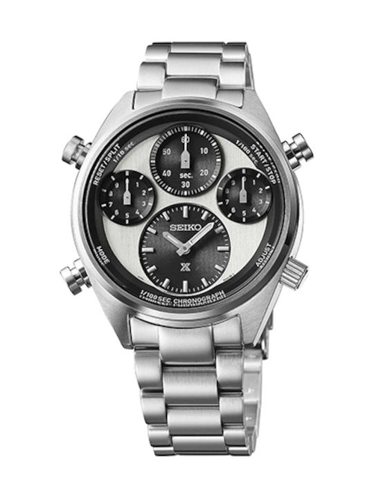 Seiko Speedtimer Ανδρικό Ρολόι 42mm Χρονογράφος Solar με Ασημί Μεταλλικό Μπρασελέ