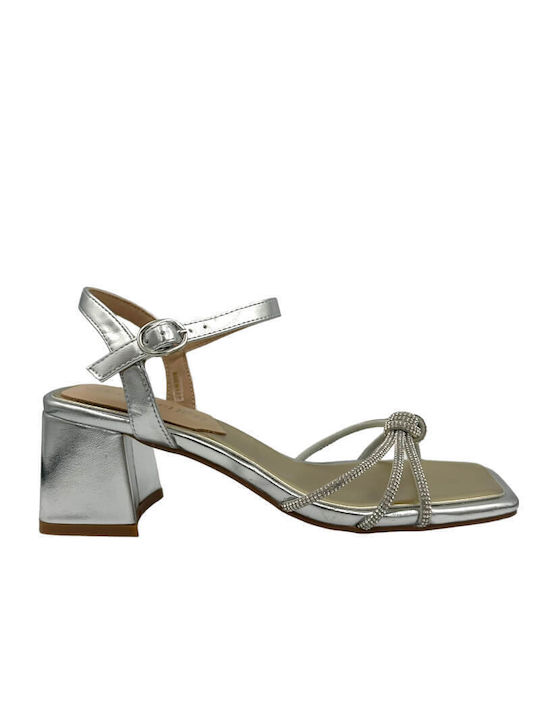 CafeNoir Anatomic Leather Women's Sandals Silver with Chunky Medium Heel