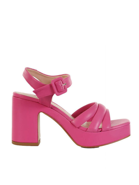 Zinda Leather Women's Sandals Fuchsia with Chunky High Heel